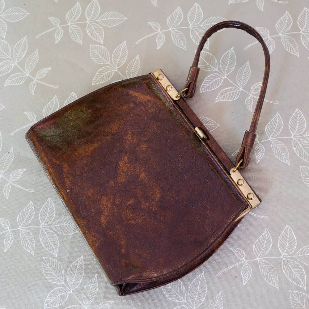 Brown, vintage leather top hand bag with gold hardware